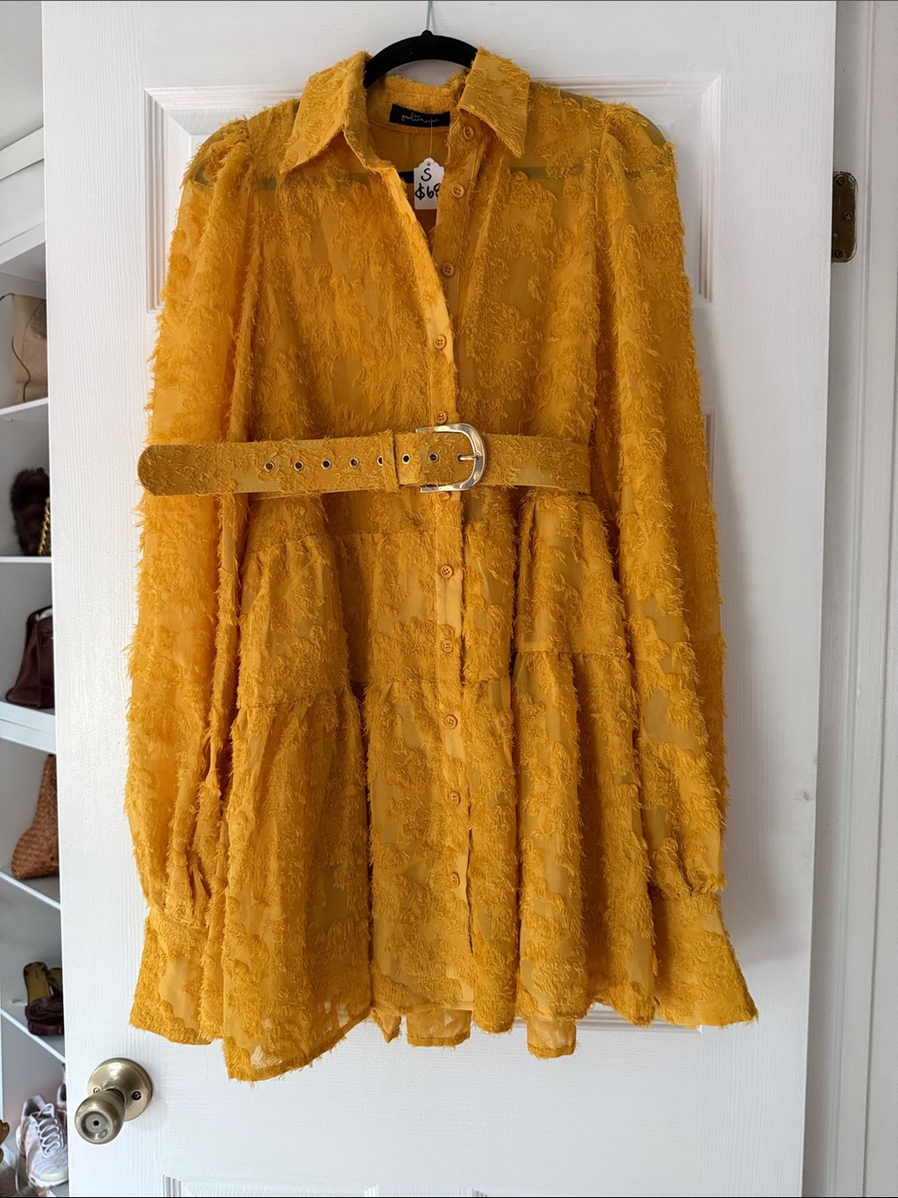 Textured Tiered A-Line Skirt in Mustard with Belt